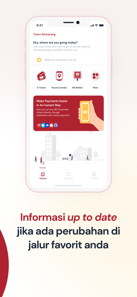 Trans Semarang app home screen showing search bar, e-ticket options, and transit route updates