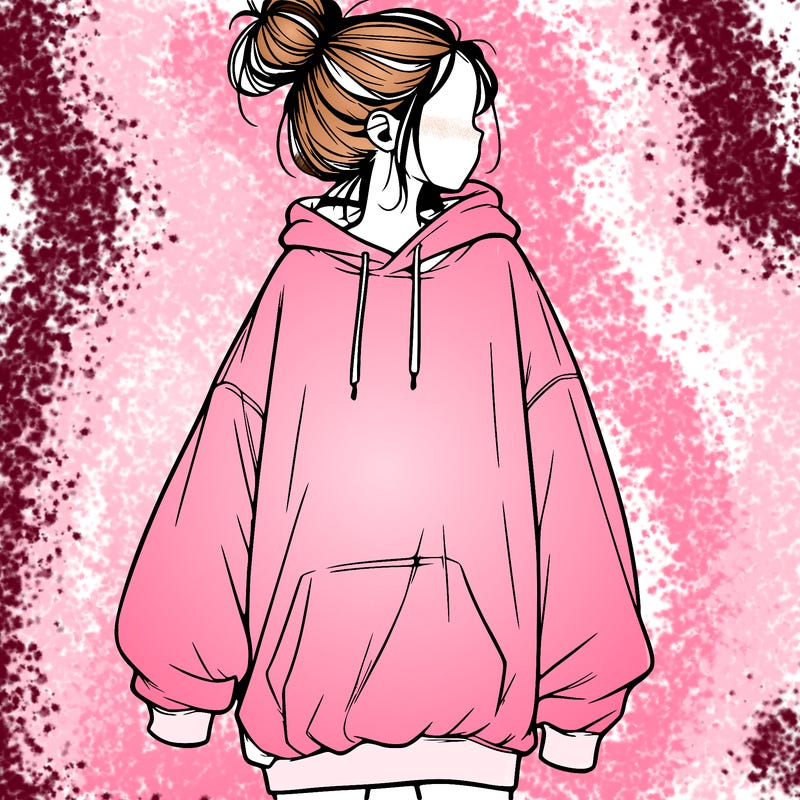 realistic girl with a oversized sweatshirt on and a bun