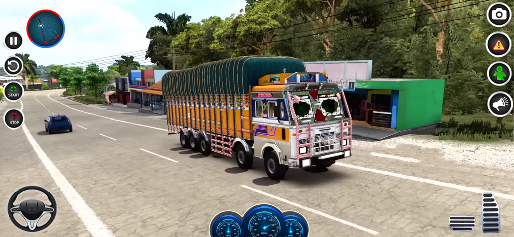 Indian Cargo Truck Driving 3D - A colorful decorated Indian cargo truck driving through a village in a 3D simulator game