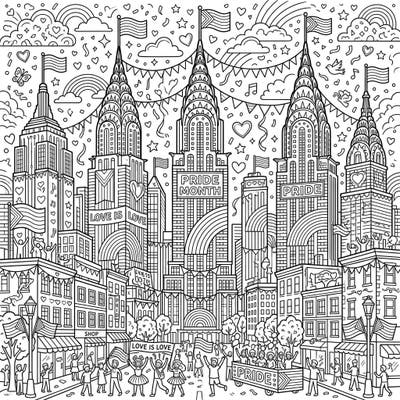 Immerse yourself in a festive city scene where iconic spire skyscrapers light up for Pride Month. This detailed coloring page invites you to celebrate love, diversity, and community with every stroke of color.