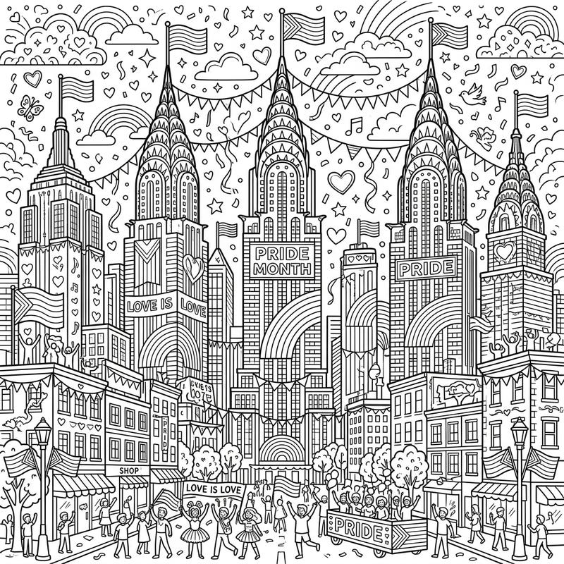 Immerse yourself in a festive city scene where iconic spire skyscrapers light up for Pride Month. This detailed coloring page invites you to celebrate love, diversity, and community with every stroke of color.