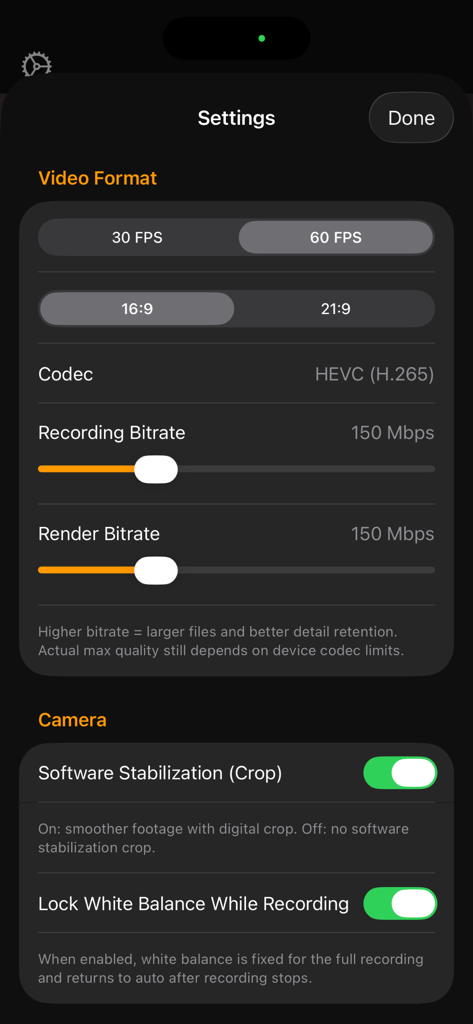 Cinerec - Cinerec app settings menu showing video format bitrate and camera control options