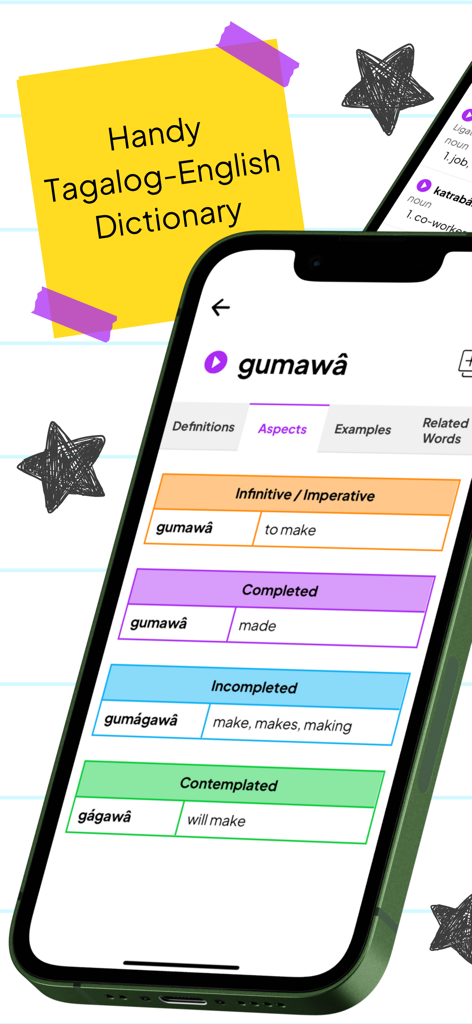 Turong Wika - Learn Tagalog - Turong Wika app interface showing a Tagalog to English dictionary entry with verb aspects and conjugations