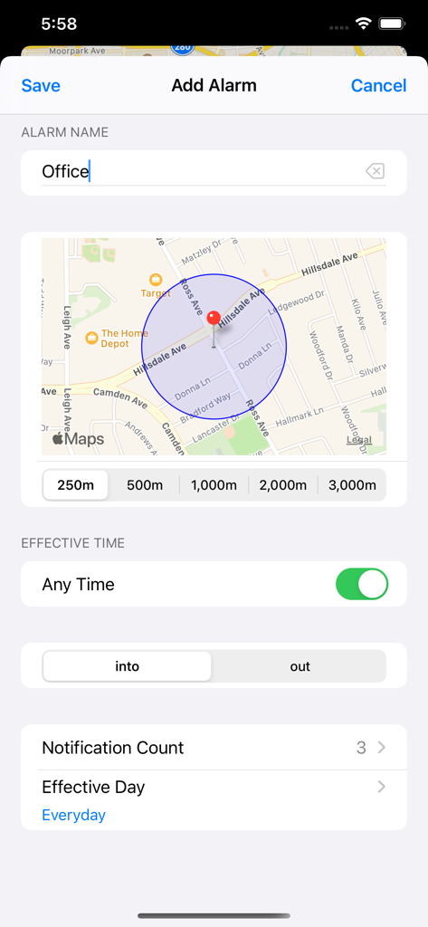 Map Alarm-alert on locations - A location-based alarm setup screen with a map and geofence radius for commute alerts.