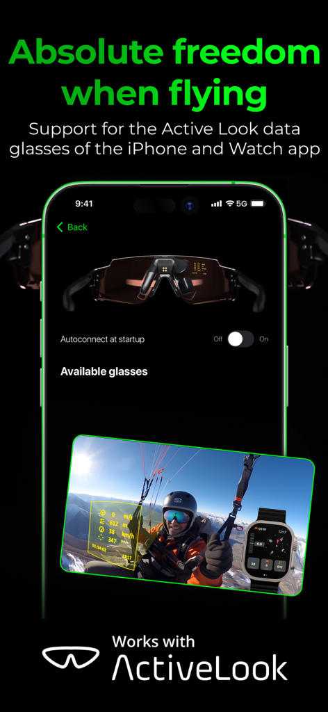 Vario One app interface showing integration with Active Look smart glasses for paragliding flight data