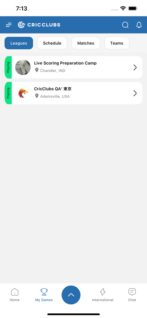 CricClubs - CricClubs mobile app interface showing active cricket leagues and match schedules