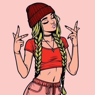 realistic teenage girl with braids and a beanie and crop top doing 🫶🏼