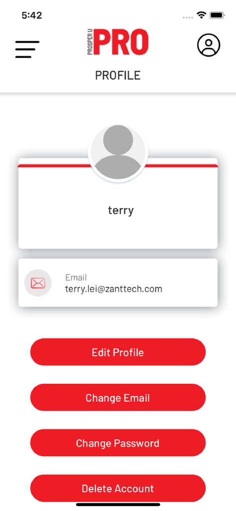 Prosper U - Prosper U mobile app profile page showing user account settings and management buttons