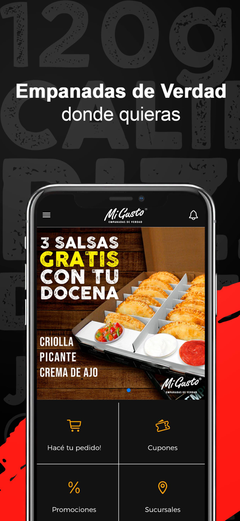 Mi Gusto - Mi Gusto mobile app interface showing an empanada promotion and ordering menu.