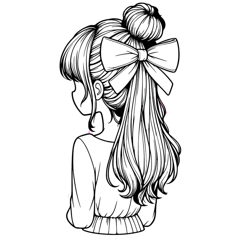 realistic girl  with hip length hair a bun and a big bow on the back of head