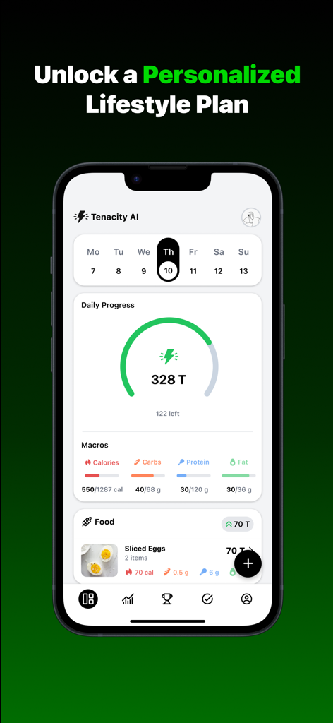 Tenacity AI: Lifestyle Tracker - Tenacity AI app interface showing daily T Score progress and macro tracking dashboard