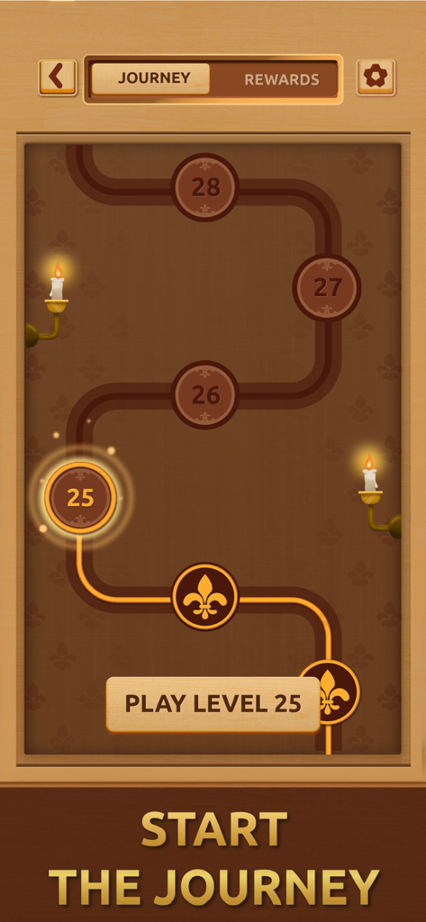 Gemdoku: Wood Block Puzzle - Un mapa del modo de viaje con temática de madera que muestra el progreso de los niveles en el juego de rompecabezas Gemdoku