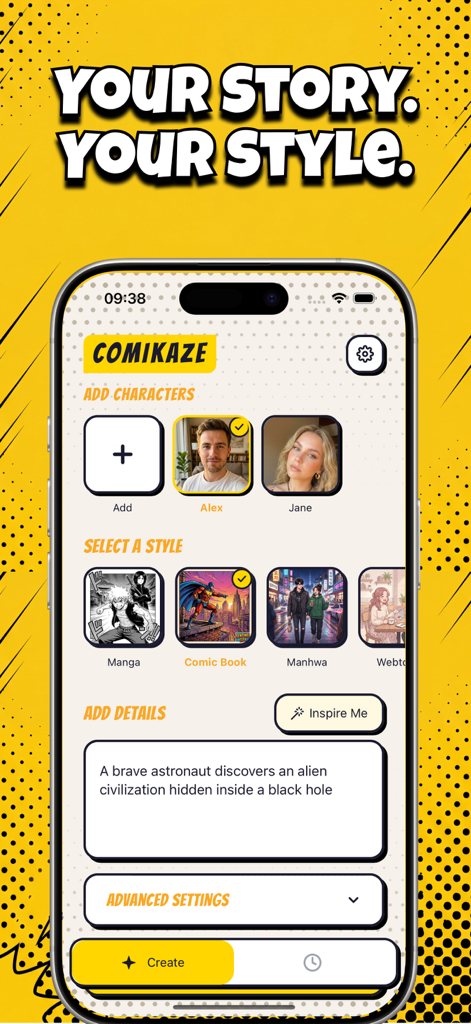 Comikaze app interface showing character photo uploads, comic style selection, and a story description box.