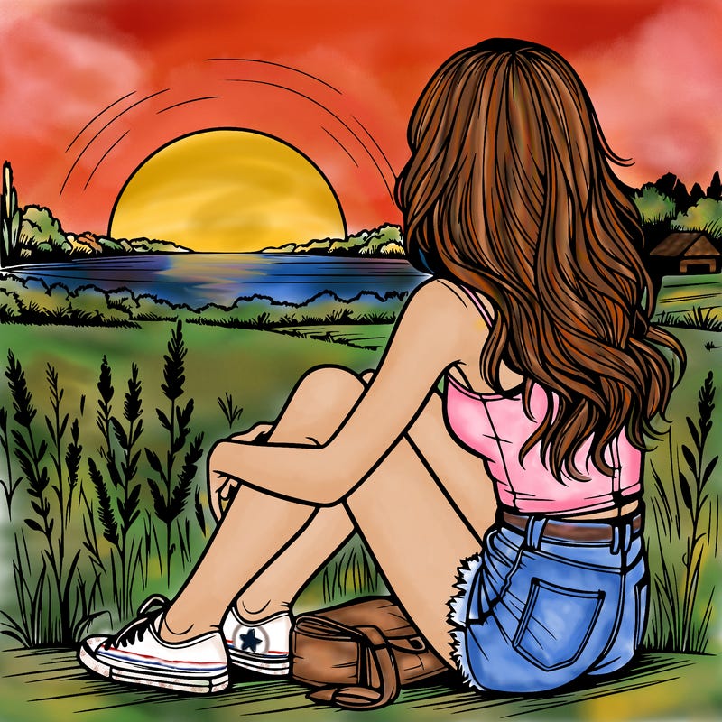 realistic girl sitting and watching the sunset