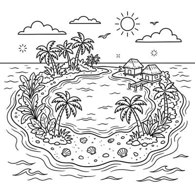 Escape to a tranquil island paradise with this beautiful atoll coloring page, designed especially for seniors. Immerse yourself in the calming scene of palm trees, beach huts, and gentle ocean waves, perfect for a relaxing summer coloring session.
