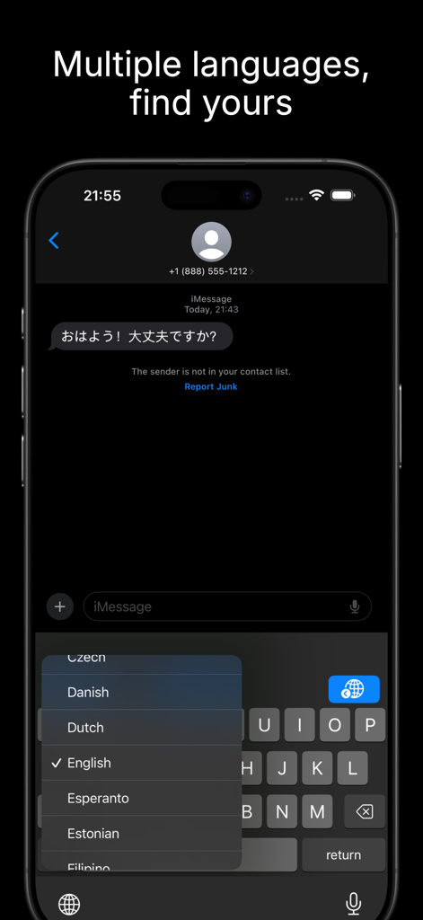 KeyChat: Translate on Keyboard - KeyChatのインターフェースに、チャット中にiPhoneキーボード上で直接、英語やオランダ語などの複数のオプションが表示される言語選択メニューが表示されています。