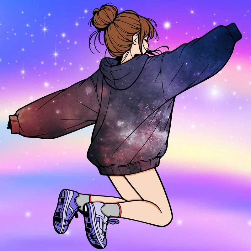 realistic girl jumping with a bun and oversized sweatshirt