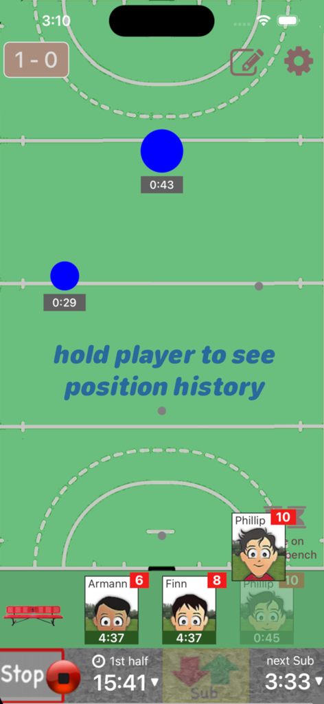 Who's On - Field Hockey - Interfaz de la aplicación Who's On Field Hockey que muestra un cronómetro de partido y la gestión de sustituciones de jugadores en un campo virtual