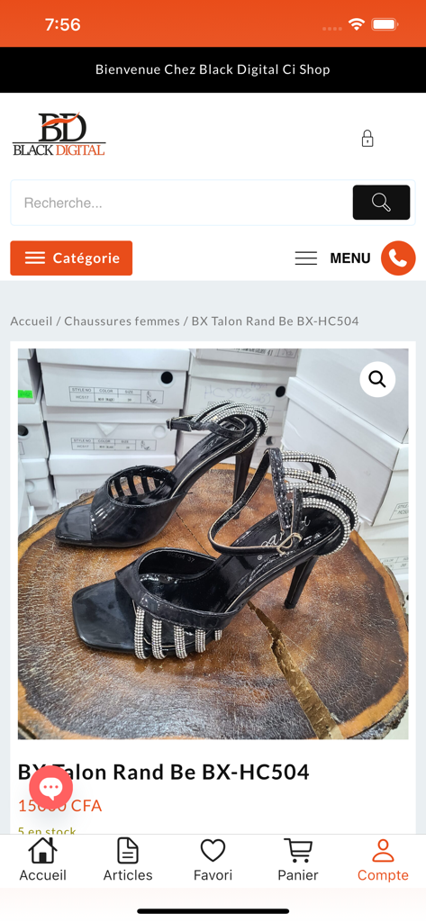 Black Digital - Interface do aplicativo Black Digital mostrando um par de saltos altos à venda