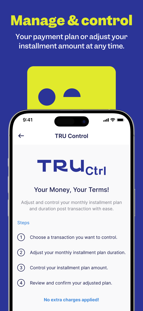 Interface do aplicativo TRU mostrando etapas para gerenciar e controlar planos de pagamento de parcelas mensais