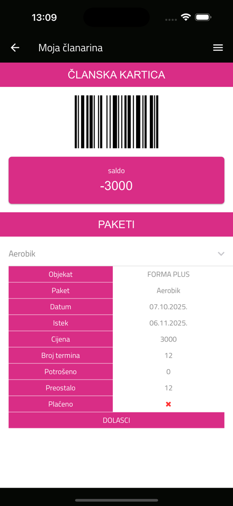 FORMA PLUS - Schermata dell'app FORMA PLUS che mostra il codice a barre della tessera associativa digitale e i dettagli dell'abbonamento