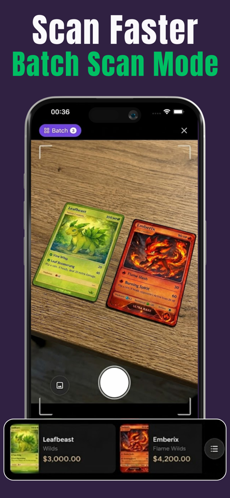 Cardex - TCG Card Scanner - Mobile app screen showing the batch scan mode of Cardex identifying multiple trading cards and their market values simultaneously