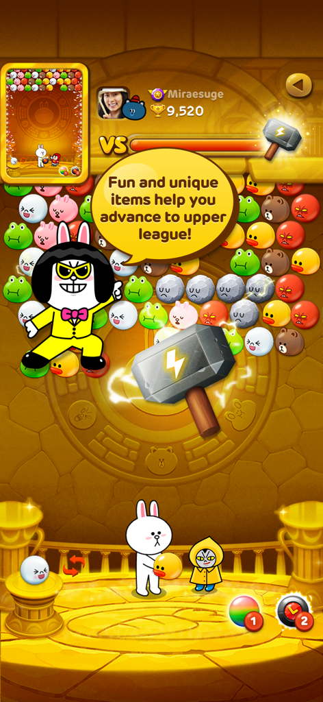 LINE Bubble! - LINE Bubble gameplay featuring cute character bubbles and a lightning hammer booster item