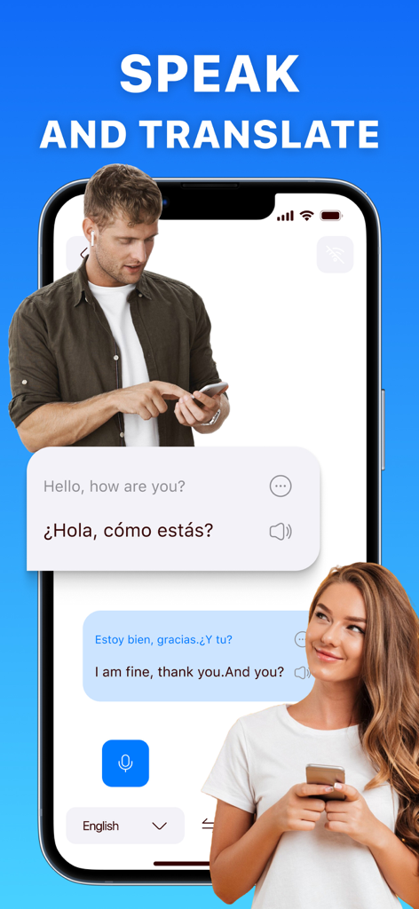 AI Translator・ Voice Translate - A man and a woman using a voice translation app for an English and Spanish conversation