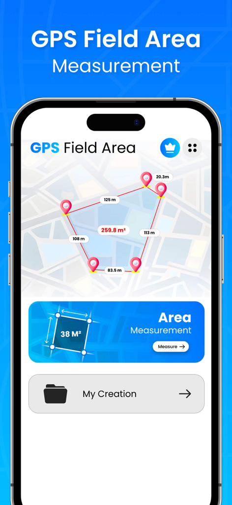 Interfaz de smartphone de la aplicación GPS Medición de Área de Campo mostrando una medición de parcela de terreno en un mapa con cálculos de área y distancia.