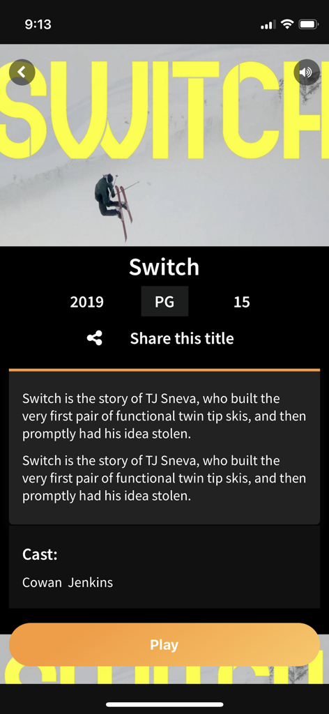 Movie details screen for the film Switch on the Film Festival Flix mobile app