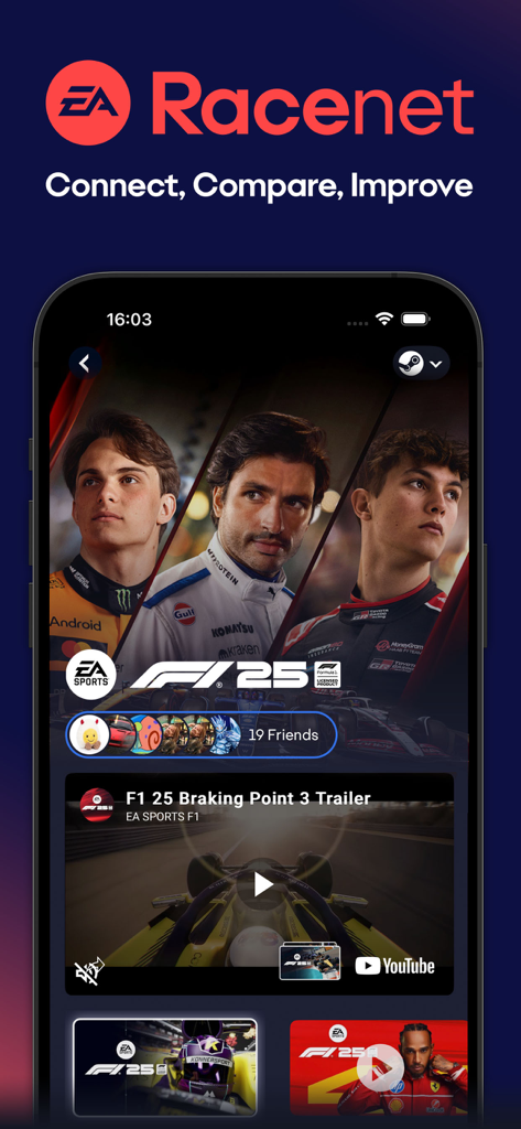 EA Racenet - Interface of the EA Racenet app showing F1 25 content and racing community features.