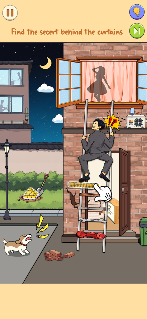 Frustrating Puzzle Game - A man on a ladder looking through a window at a silhouette in a puzzle game scene