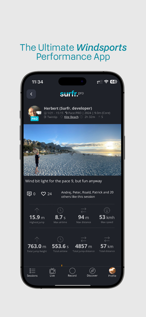 The Surfr. App dashboard displaying performance metrics for a kiteboarding session including jump height and speed.