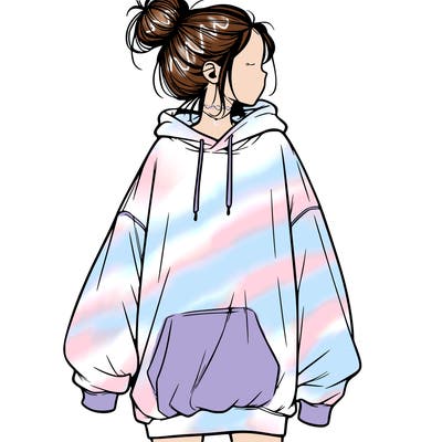 realistic girl with a oversized sweatshirt on and a bun