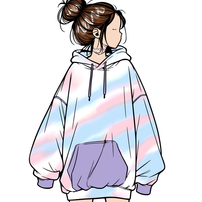 realistic girl with a oversized sweatshirt on and a bun