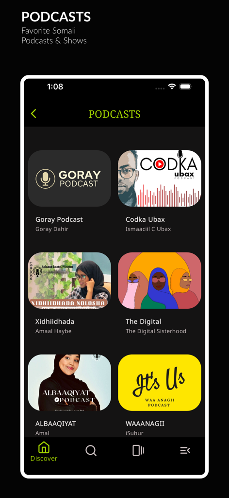 Heesify - Somali Music - Screenshot of the Heesify app displaying a collection of popular Somali podcasts and shows