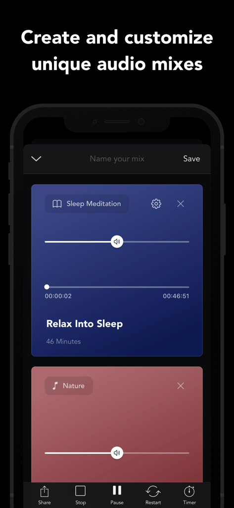 Sound Machine - White Noise - Interfaccia dell'app Sound Machine che mostra la personalizzazione di un mix di meditazione del sonno e audio naturale