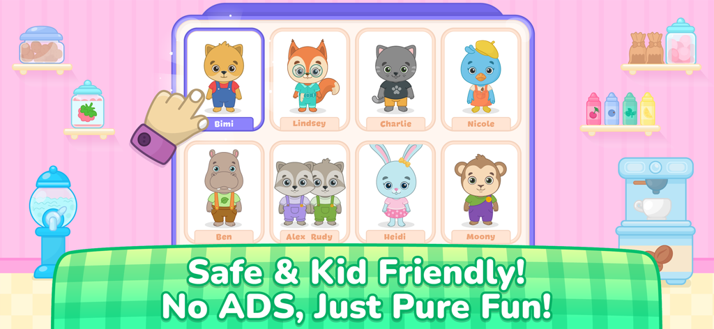 Kids Cooking: Toddler Games - Schermata di selezione dei personaggi con simpatici personaggi animali nell'app Bimi Boo: Giochi di Cucina