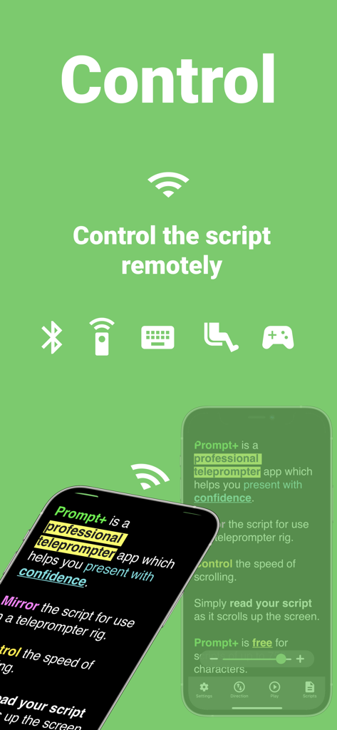 Interfaz de la aplicación Prompt plus teleprompter mostrando opciones de control remoto como Bluetooth y pedales