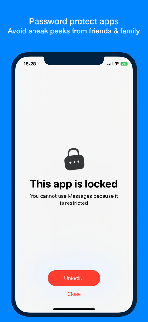 An iPhone screen displaying a locked state for the Messages app with a lock icon and an unlock button to prevent unauthorized access.