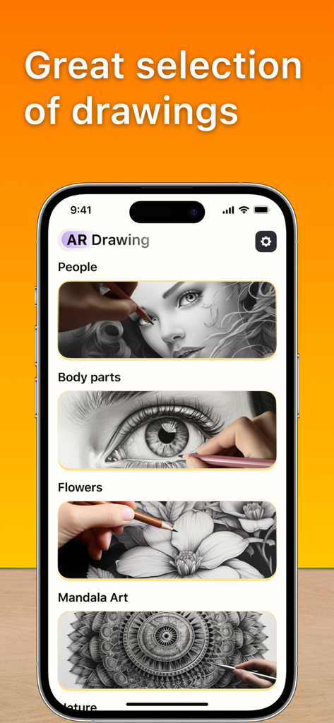 AR Drawing: Trace to Sketch ' - Interface of the AR Drawing app showing a selection of drawing templates including People, Body parts, Flowers, and Mandala Art.