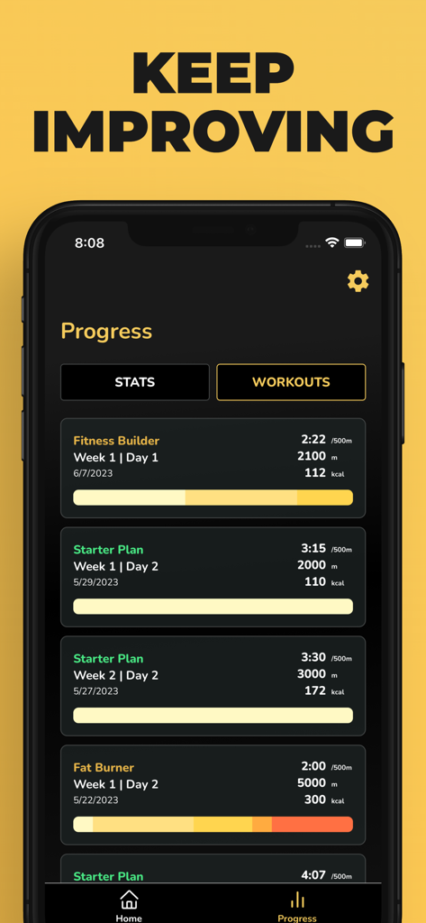Start Rowing: Workouts Coach - Rowing app progress screen displaying a log of completed workouts with distance and calorie stats
