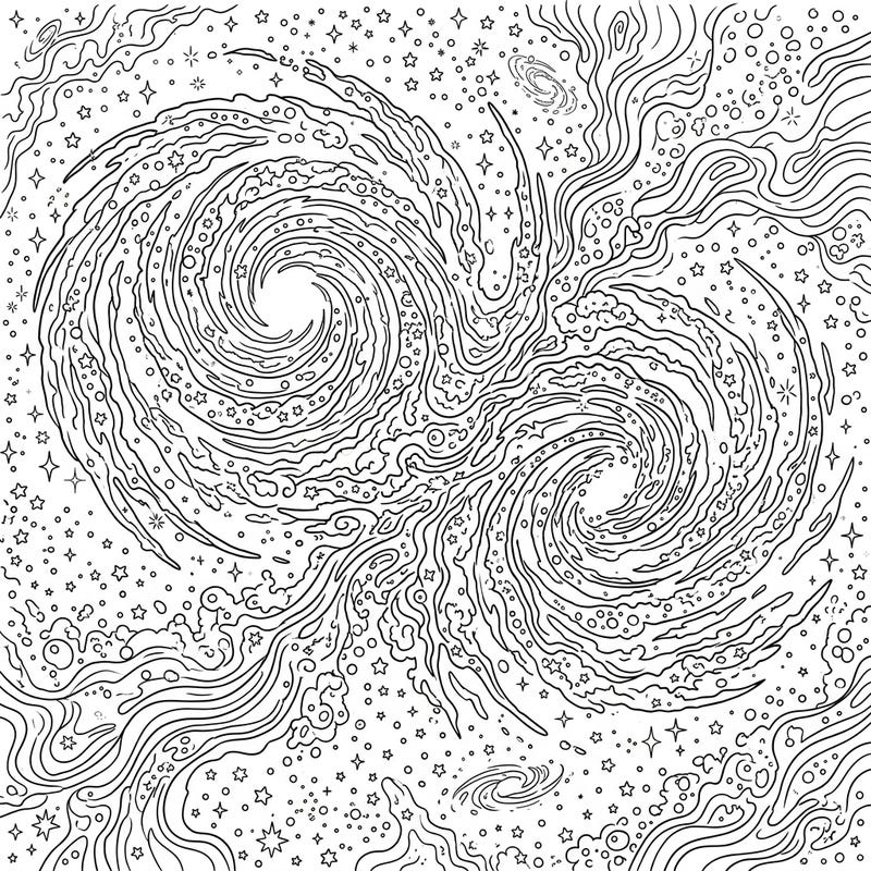 Unleash your artistic universe with this captivating coloring page featuring two dynamically interacting galaxies. Designed for teens, this intricate cosmic scene is packed with swirling stars, nebulae, and endless creative possibilities.