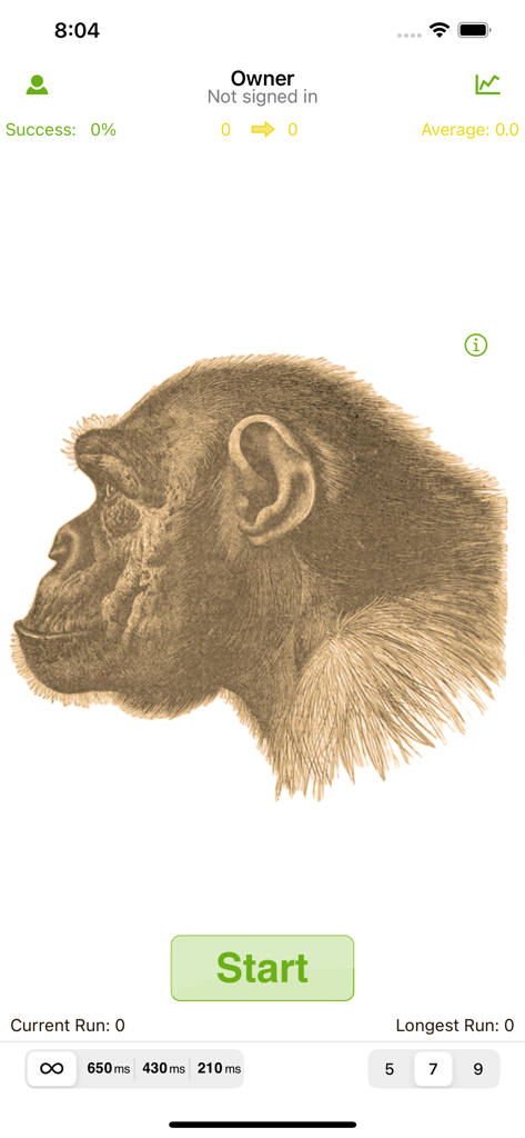 Ape Test - Pantalla de inicio de la aplicación Ape Test con el perfil de un chimpancé y la configuración de dificultad del juego