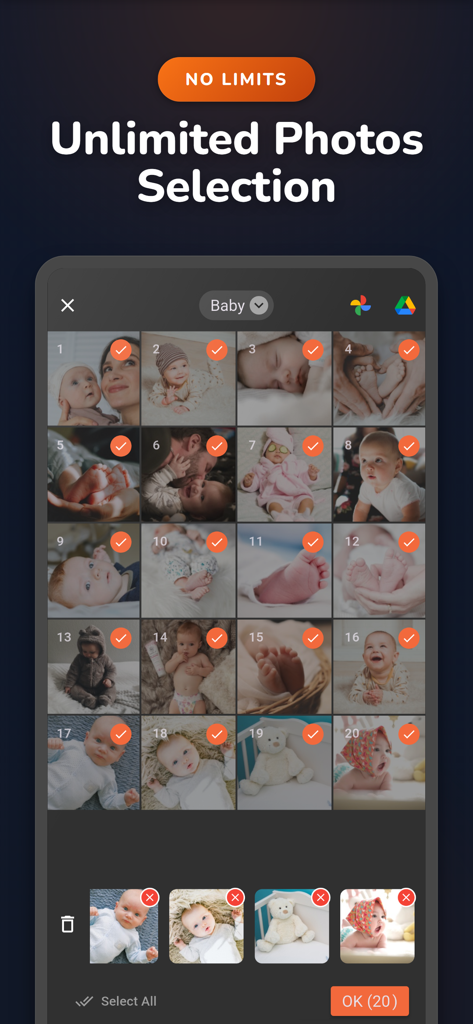 Phinsh Photo Collage Maker - Phinsh Photo Collage Maker interface showing unlimited photo selection for baby pictures.