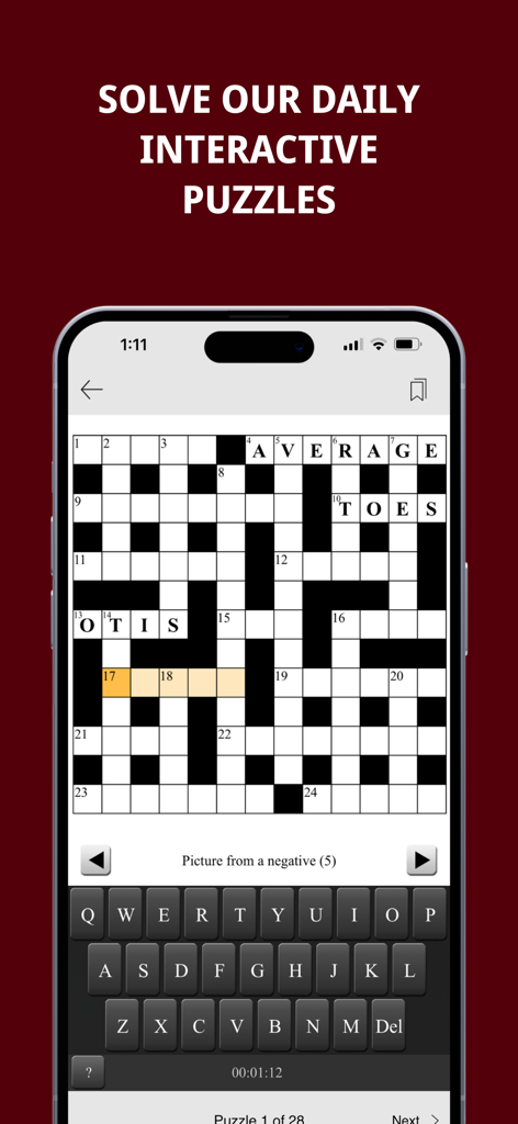 A smartphone displaying a daily interactive crossword puzzle within the Dunfermline Press mobile app.
