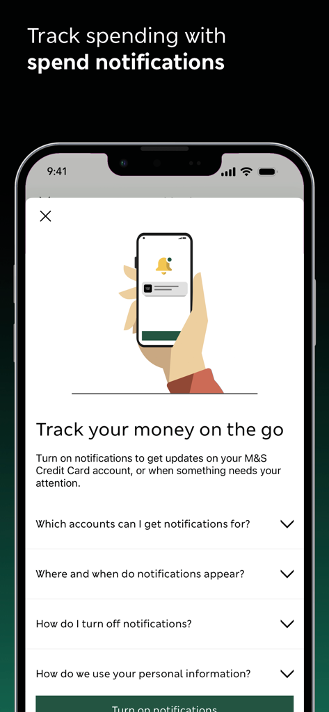 M&S Banking app screen showing spend notifications and account tracking features.
