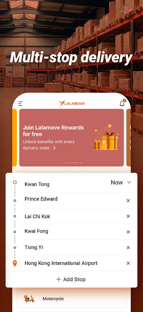 Lalamove app screen showing the multi-stop delivery booking feature