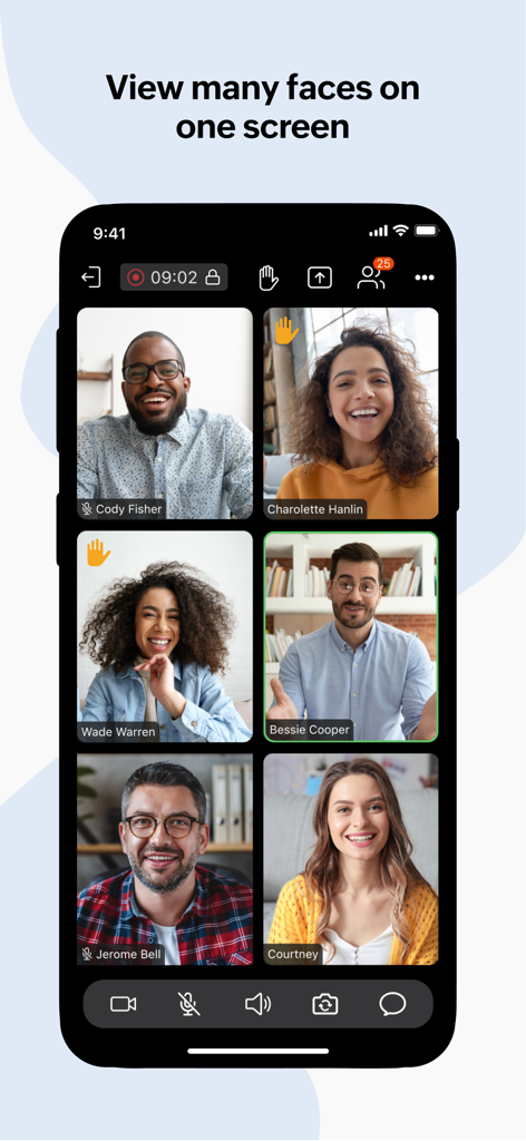 Zoho Meeting - Online Meetings - Zoho Meeting mobile app interface showing multiple participants in a video conference grid view.
