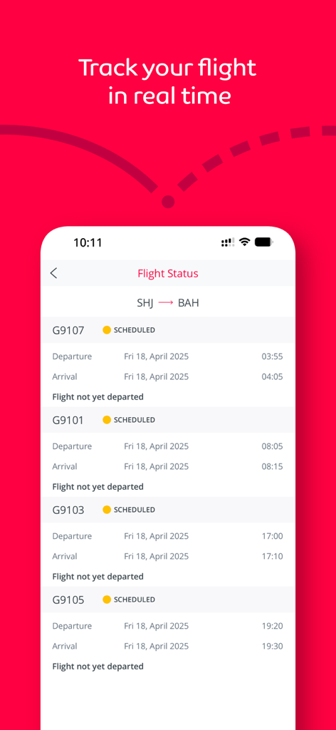 Interface de l'application mobile Air Arabia montrant le statut des vols et les horaires en temps réel
